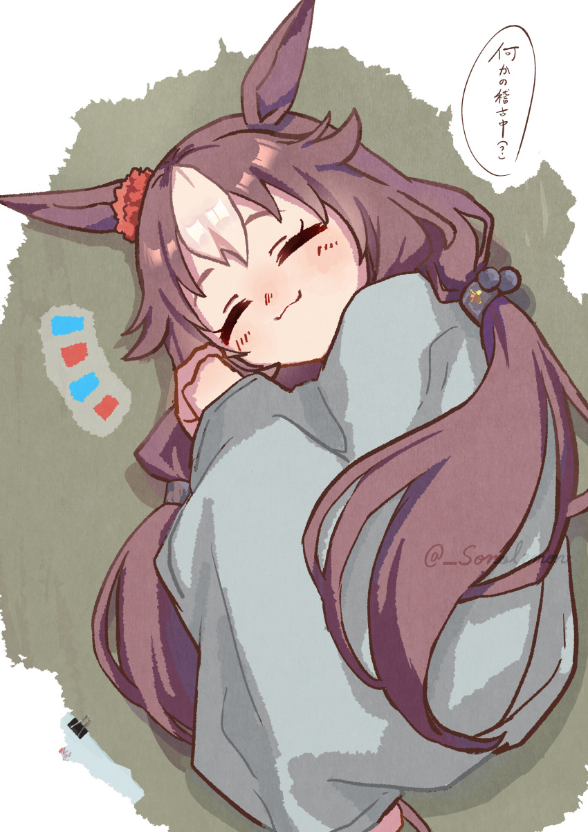 1girl absurdres animal_ears brown_hair closed_eyes closed_mouth commentary_request ear_scrunchie grey_sweater hair_between_eyes highres horse_ears horse_girl izu_lemon long_hair long_sleeves low_twintails multicolored_hair on_ground simple_background sleeping solo streaked_hair sweater translation_request twintails twitter_username umamusume very_long_hair white_background white_hair yamanin_zephyr_(umamusume)