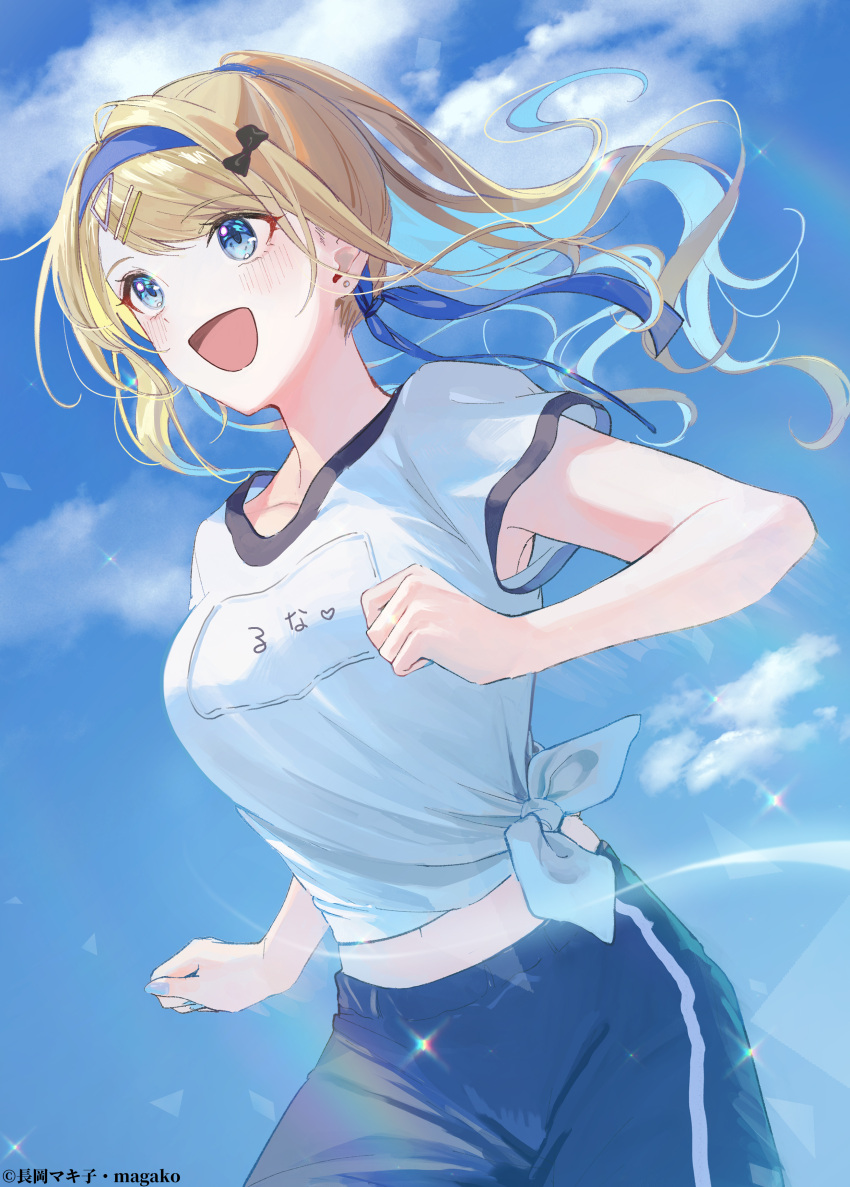 absurdres blonde_hair blue_eyes blue_hairband blue_nails blue_pants blue_ribbon bow breasts collarbone copyright cowboy_shot earrings hair_bow hair_ribbon hairband high_ponytail highres jewelry keikenzumi_na_kimi_to_keiken_zero_na_ore_ga_otsukiai_suru_hanashi. large_breasts long_hair looking_ahead magako multiple_hairpins name_tag official_art open_mouth pants promotional_art ribbon runa_shirakawa running shirt sky tented_shirt white_shirt