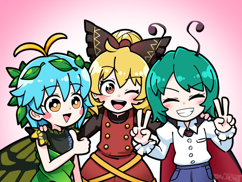 3girls antennae aqua_hair black_bow black_cape black_shirt blonde_hair blue_pants blush blush_stickers bow brown_dress brown_eyes butterfly_wings cape closed_eyes collared_shirt double_v dress eternity_larva fairy green_dress green_hair grin hair_bow highres kurodani_yamame leaf leaf_on_head long_sleeves multicolored_clothes multicolored_dress multiple_girls open_mouth orange_eyes pants pinafore_dress shirt short_hair short_sleeves sleeveless sleeveless_dress smile solidus_(sword_cube) thumbs_up touhou v white_shirt wings wriggle_nightbug