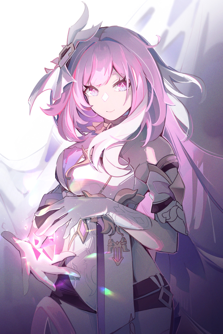 1girl absurdres armpits ashou-gm bare_shoulders blue_eyes breasts closed_mouth commentary detached_sleeves diamond-shaped_pupils diamond_(shape) dress elysia_(honkai_impact) eyelashes gloves hair_ornament hands_up highres honkai_(series) honkai_impact_3rd jewelry long_hair looking_at_viewer magic medium_breasts multicolored_eyes neck_ring pink_eyes pink_hair purple_background short_sleeves smile solo standing symbol-only_commentary symbol-shaped_pupils white_background white_dress white_gloves