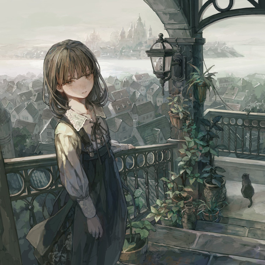 1girl arch arm_support bad_id bad_twitter_id black_cat black_ribbon black_skirt brown_eyes brown_hair building cat chimney city collarbone collared_shirt expressionless ferris_wheel flower_pot fog grey_sky hair_between_eyes hand_on_railing high-waist_skirt highres hotatenshi house lamp lantern leaf long_sleeves looking_at_viewer medium_hair on_stairs original outdoors parted_lips plant potted_plant puffy_long_sleeves puffy_sleeves revision ribbon river scenery shirt skirt sky solo stairs suspender_skirt suspenders tree water watering_can white_shirt window