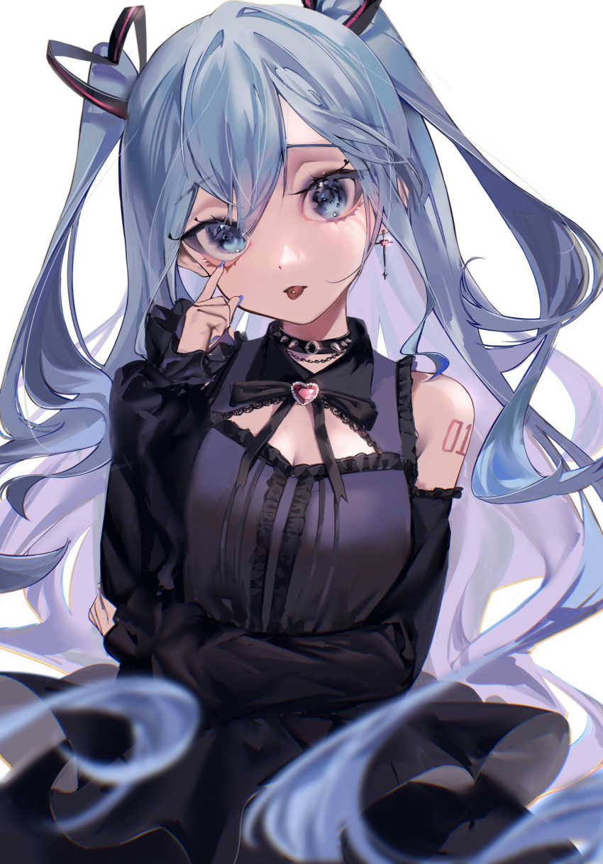 1girl akanbe arm_across_waist arm_tattoo bare_shoulders black_dress black_ribbon blue_eyes blue_hair breasts choker cleavage_cutout clothing_cutout curly_hair dangle_earrings detached_sleeves dress earrings eyeshadow frilled_dress frilled_sleeves frills gothic_lolita hair_between_eyes hatsune_miku heart_ribbon highres jewelry lolita_fashion long_hair looking_at_viewer makeup nail_polish piercing purple_eyeshadow ribbon simple_background small_breasts solo spiked_choker spikes tattoo tongue tongue_out tongue_piercing twintails upper_body user_asgj7554 very_long_hair vocaloid white_background
