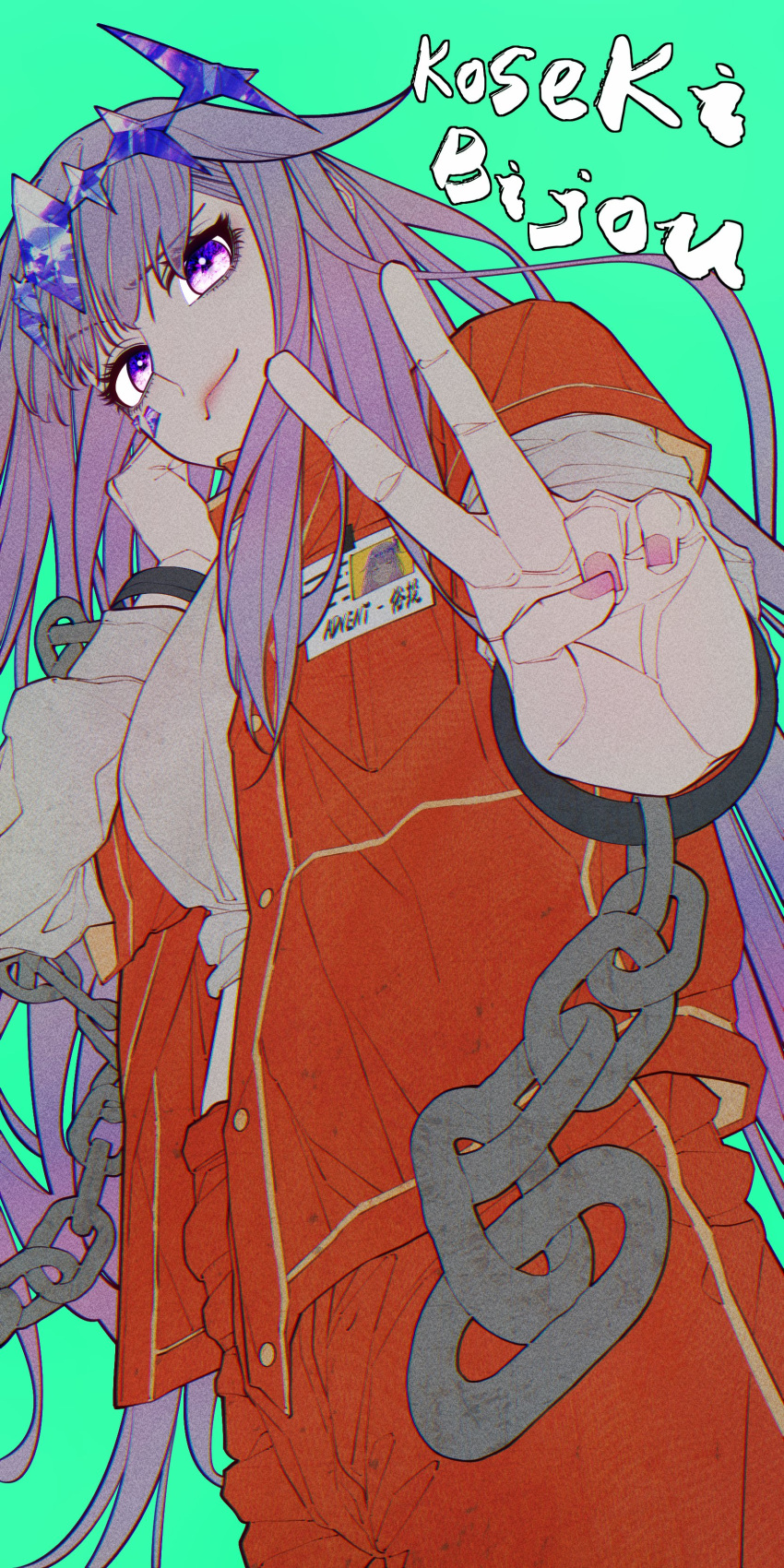 1girl absurdres aqua_background character_name cuffs hand_on_own_cheek hand_on_own_face highres hololive hololive_english koseki_bijou long_hair looking_at_viewer name_tag pink_nails prison_clothes purple_hair raised_eyebrow shackles tiara v very_long_hair violet_eyes virtual_youtuber zhuweii