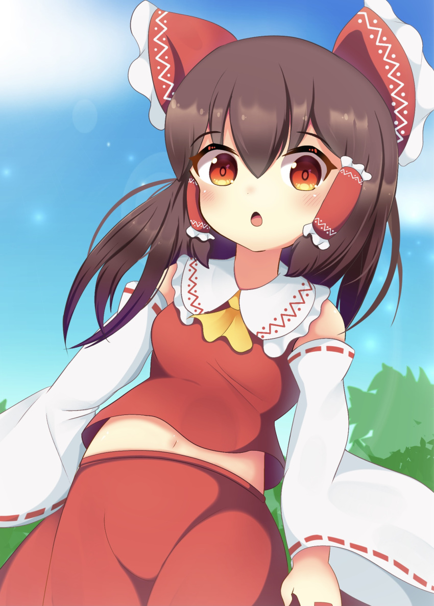 1girl :o ascot bare_shoulders bow brown_hair commentary_request cowboy_shot day detached_sleeves dot_nose dutch_angle frilled_shirt_collar frills from_below hair_bow hakurei_reimu highres koruk700 lens_flare light_blush long_hair long_sleeves looking_at_viewer midriff navel open_mouth outdoors red_bow red_eyes red_skirt red_vest skirt skirt_set sky solo touhou vest wide_sleeves yellow_ascot
