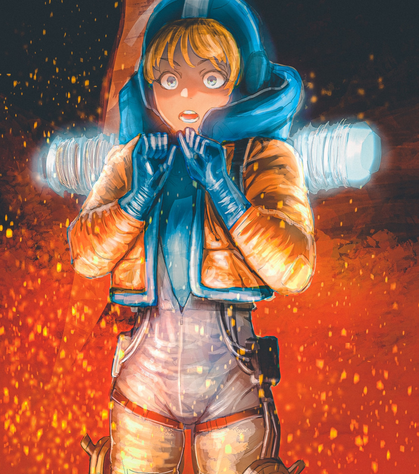 1girl apex_legends blonde_hair blue_eyes blue_gloves bodysuit commentary_request constricted_pupils cowboy_shot gloves highres hood hooded_bodysuit jacket open_mouth orange_jacket ribbed_bodysuit shaded_face shiori_(moechin) solo wattson_(apex_legends)