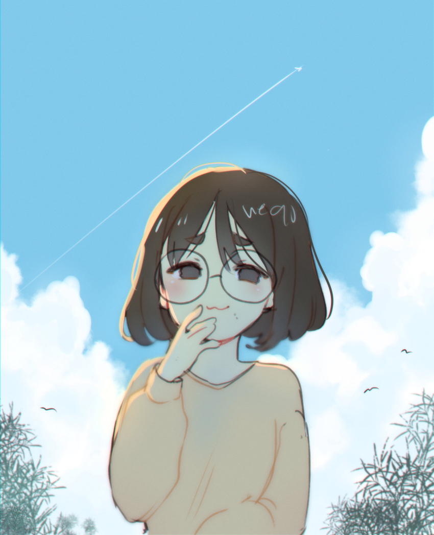 1girl :3 absurdres aircraft airplane artist_self-insert blue_sky brown_eyes brown_hair clouds commentary commentary_request glasses highres jet medium_hair mole mole_under_mouth neqo_(neneneqo) original round_eyewear simple_bird sky solo sweater symbol-only_commentary underwear upper_body yellow_sweater