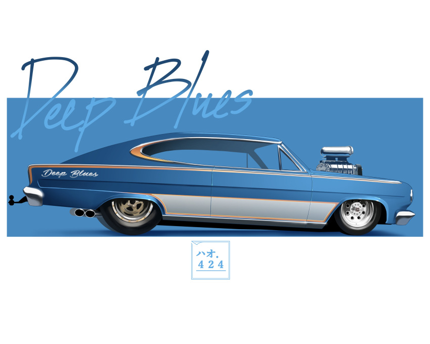 absurdres amc amc_marlin artist_name blue_background car engine english_commentary from_side haow highres motor_vehicle muscle_car no_humans original vehicle_focus