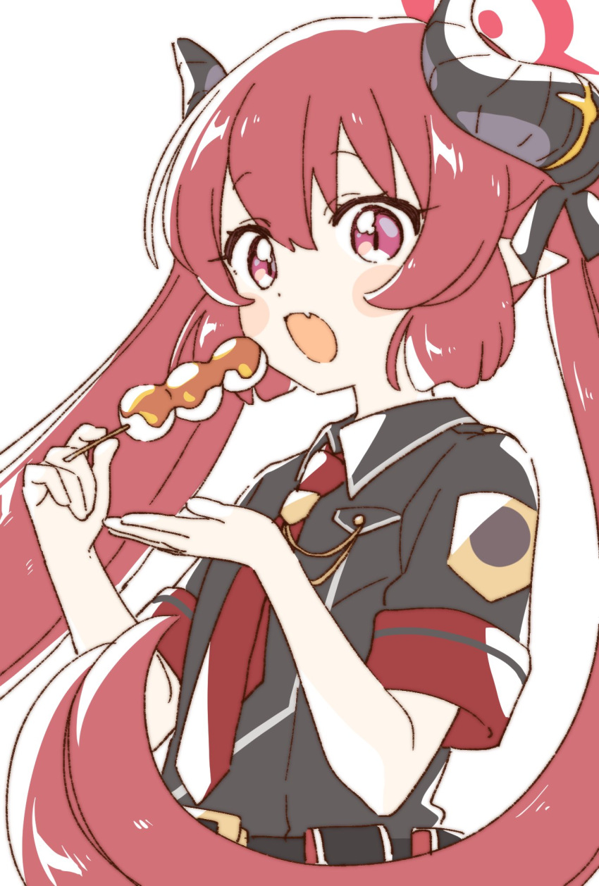 1girl black_horns black_ribbon blue_archive blush_stickers breast_pocket collared_shirt dango fang food hair_between_eyes halo highres holding holding_food horns junko_(blue_archive) long_hair mitarashi_dango namori necktie open_mouth pocket red_eyes red_halo red_necktie redhead ribbon shirt short_sleeves skin_fang twintails upper_body very_long_hair wagashi