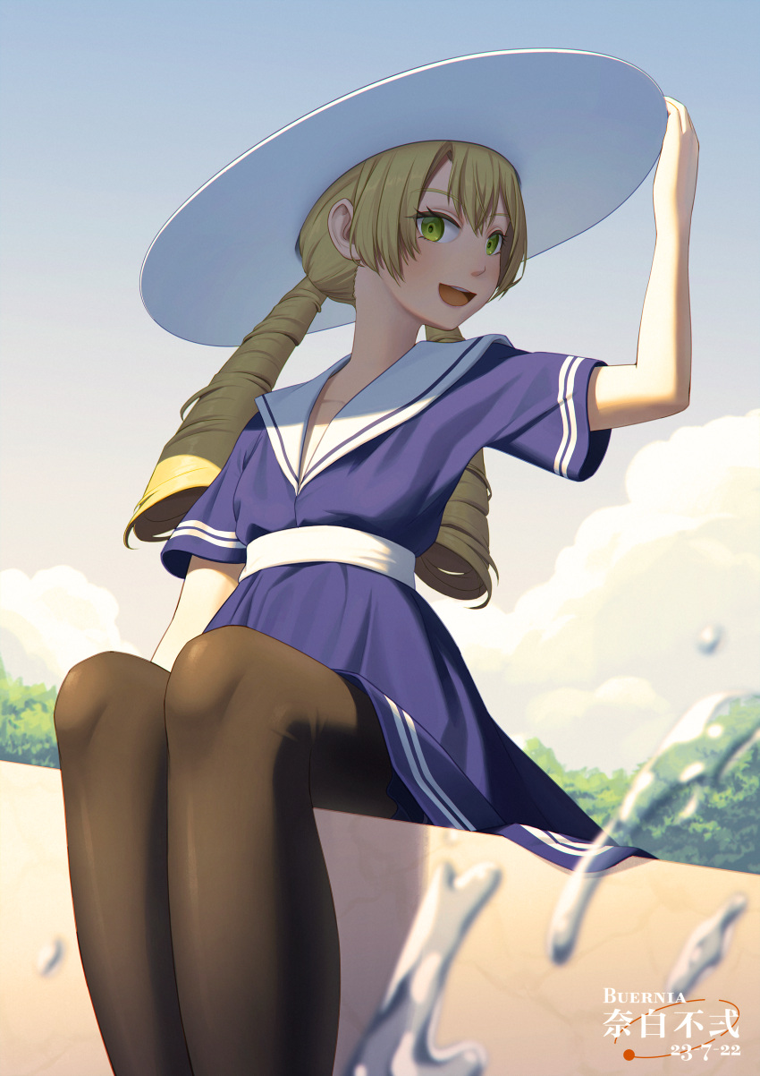 1girl :d absurdres adjusting_clothes adjusting_headwear arm_up artist_name belt black_pantyhose blonde_hair blue_dress blue_sky blurry blurry_foreground buernia chromatic_aberration clouds dated day dress drill_hair dutch_angle feet_out_of_frame green_eyes hand_up hat highres long_hair looking_at_viewer low_twintails pantyhose reverse:1999 sailor_collar sailor_dress shaded_face short_dress short_sleeves sitting sky smile solo sotheby splashing sun_hat tree turning_head twin_drills twintails water white_belt white_headwear white_sailor_collar