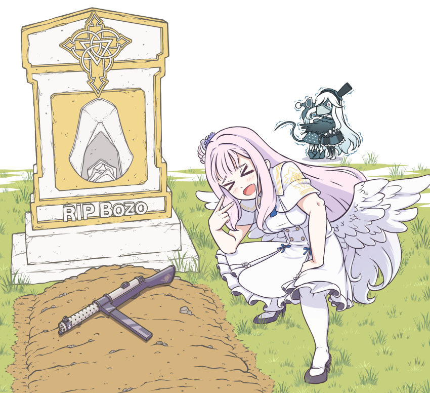 &gt;_&lt; 1girl 2other angel_wings blue_archive blue_eyes buttons capelet cross double-breasted dress english_commentary english_text eniac_(artist) feathered_wings frilled_dress frills grass grave gun hair_bun hair_ornament hair_scrunchie hand_on_own_knee hieronymus_(blue_archive) high_heels highres kuro_(blue_archive) looking_at_another meme mika_(blue_archive) no_halo open_mouth outdoors pantyhose pink_hair pointy_footwear scared scrunchie shiro_(blue_archive) single_side_bun smile solo_focus squatting tearing_up trembling v violet_eyes weapon white_capelet white_dress white_hair white_pantyhose white_wings wings