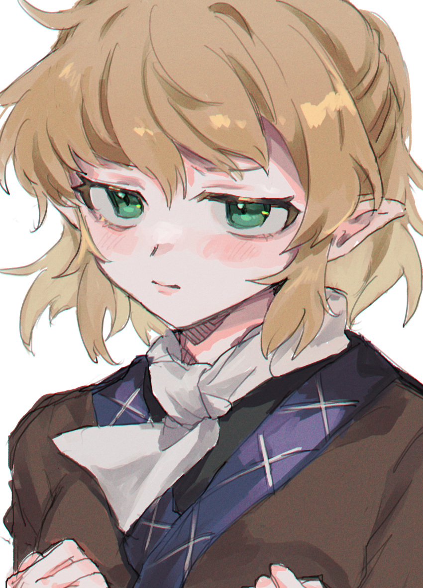 1girl absurdres black_shirt blonde_hair blush breasts brown_shirt closed_mouth expressionless green_eyes highres looking_at_viewer medium_breasts mizuhashi_parsee one-hour_drawing_challenge plumapple3 pointy_ears portrait scarf shirt short_hair simple_background solo touhou undershirt white_background white_scarf