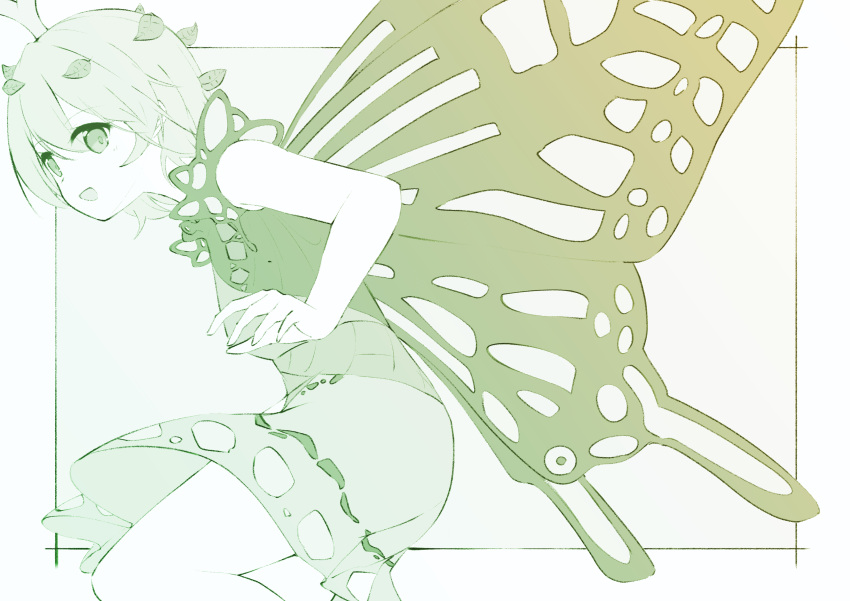 1girl absurdres antennae blush butterfly_wings dress eternity_larva fairy feet_out_of_frame hair_between_eyes highres leaf leaf_on_head monochrome nazawa_(nother) open_mouth short_hair short_sleeves smile solo touhou wings