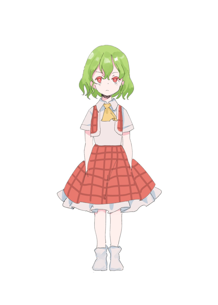 1girl aged_down ascot closed_mouth collared_shirt commentary_request frilled_skirt frills full_body green_hair highres kazami_yuuka looking_at_viewer petite plaid plaid_skirt plaid_vest red_eyes red_skirt red_vest shirt short_hair simple_background skirt smile socks solo standing tohoyuukarin touhou vest white_background white_shirt white_socks yellow_ascot
