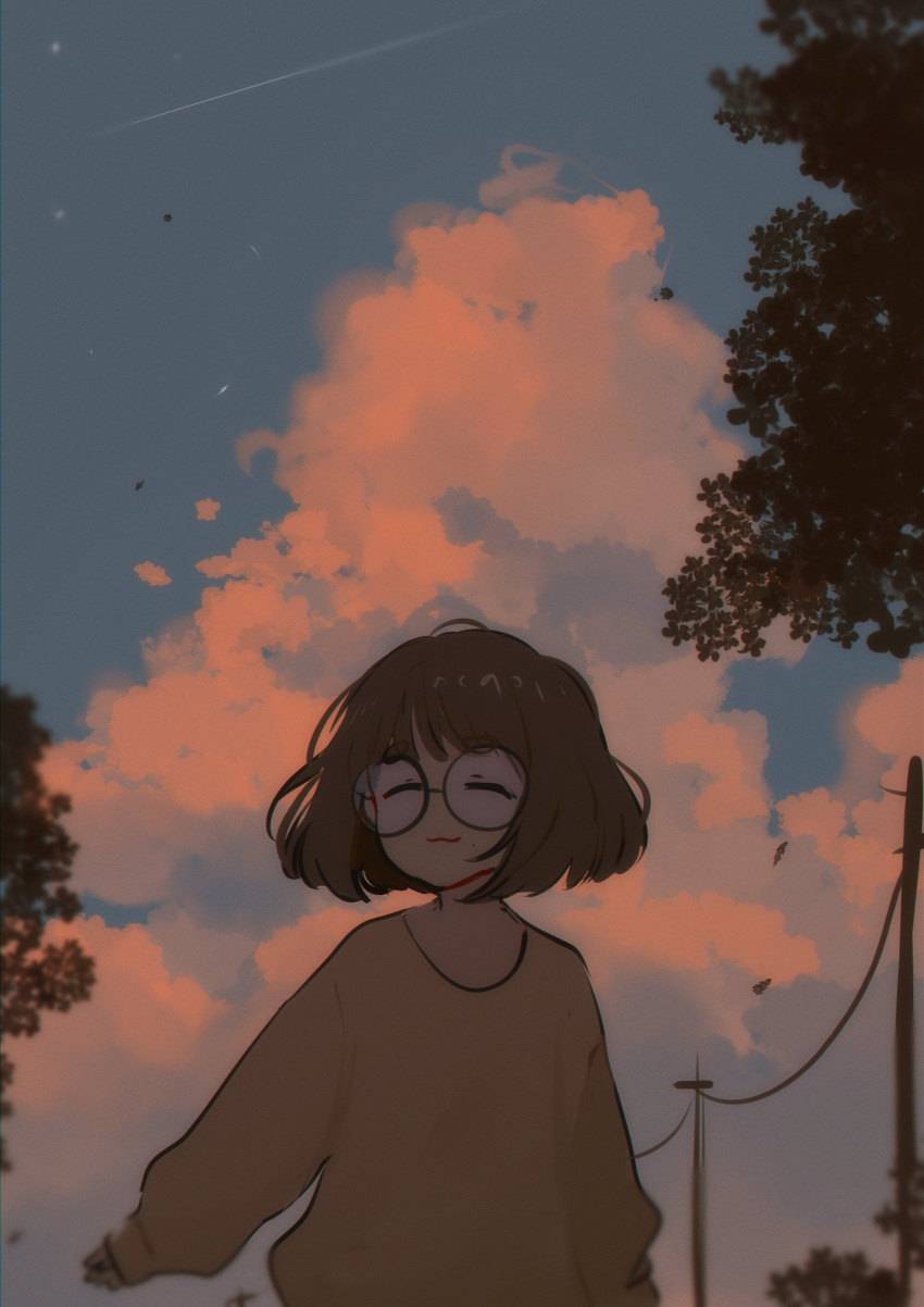 1girl absurdres blurry brown_hair closed_eyes clouds commentary creator_(neneneqo) evening glasses highres leaf medium_hair neqo_(neneneqo) original sleeves_past_wrists smile solo sweater symbol-only_commentary tree upper_body utility_pole yellow_sweater