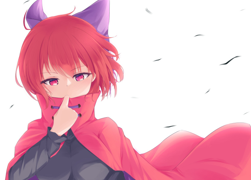 1girl absurdres bow cloak commentary_request donnon08 hair_bow highres long_sleeves looking_at_viewer purple_bow red_eyes redhead sekibanki short_hair simple_background solo touhou upper_body white_background