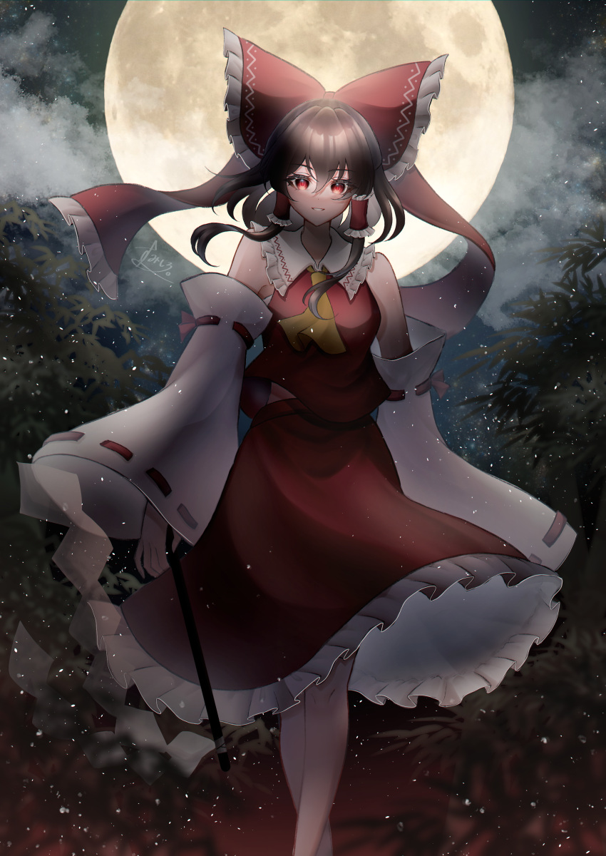 1girl :d absurdres armpit_peek ascot backlighting bare_legs bare_shoulders blurry blurry_foreground bow breasts brown_hair clouds commentary_request depth_of_field detached_sleeves eyelashes feet_out_of_frame frilled_bow frilled_hair_tubes frilled_shirt_collar frills full_moon gohei hair_between_eyes hair_bow hair_tubes hakurei_reimu highres holding holding_stick huge_moon light_particles long_hair long_sleeves looking_at_viewer medium_breasts midriff_peek moon night night_sky parted_lips petticoat red_bow red_eyes red_skirt red_vest signature skirt skirt_set sky sleeves_past_fingers sleeves_past_wrists smile solo stick straight-on sumishiro_8070 teeth touhou vest walking wide_sleeves yellow_ascot