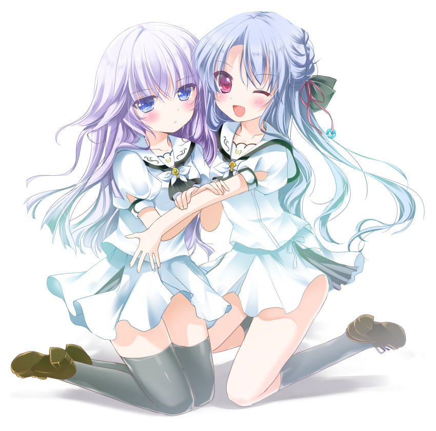 2girls :d absurdres asahina_yori ascot black_ascot black_socks black_thighhighs blue_bow blue_eyes blue_hair blunt_ends blush bow braid brown_footwear closed_mouth commentary crossed_bangs english_commentary expressionless eyes_visible_through_hair floating_clothes floating_hair full_body hair_between_eyes hair_bow hair_ornament happy heads_together highres hug kneeling loafers long_hair looking_at_viewer miniskirt multiple_girls one_eye_closed open_mouth puffy_short_sleeves puffy_sleeves purple_hair red_eyes red_tassel sailor_collar school_uniform serafuku shirt shoes short_sleeves siblings side_braid simple_background sisters skirt smile socks sorakado_ai sorakado_ao summer_pockets tassel tassel_hair_ornament thigh-highs twins very_long_hair white_background white_sailor_collar white_shirt white_skirt zettai_ryouiki