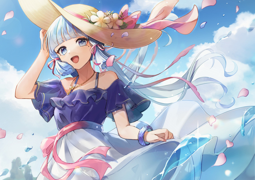 1girl alternate_costume bangle blue_eyes blue_hair blue_sky blunt_bangs bow bracelet breasts clouds day flower frills genshin_impact hair_ribbon hat hat_bow jewelry kamisato_ayaka long_hair looking_at_viewer mole mole_under_eye necklace open_mouth outdoors petals pink_bow ponytail ribbon shimanakao_(shimanaka_sushi) skirt skirt_hold sky small_breasts solo sparkle sun_hat tress_ribbon very_long_hair water white_flower white_skirt