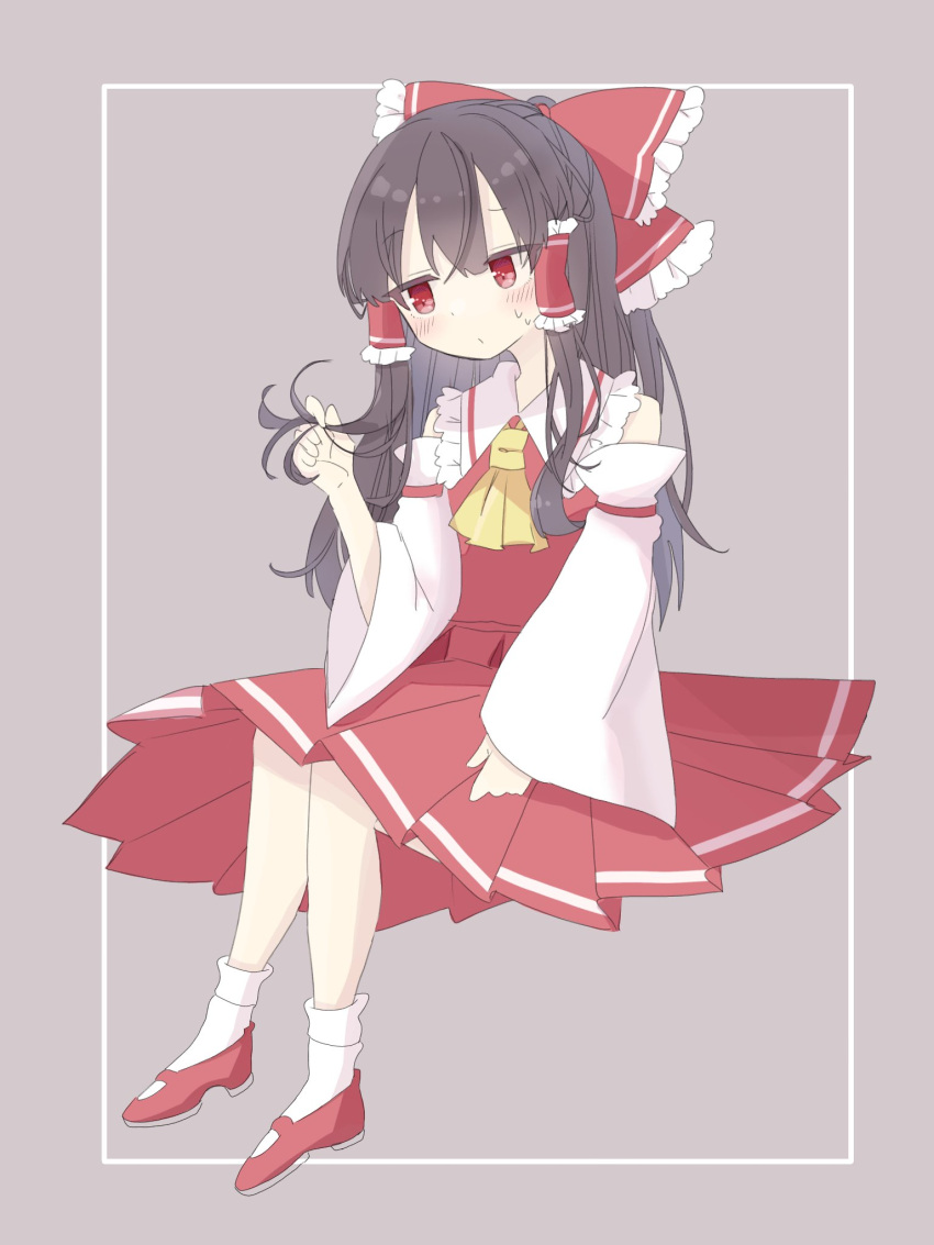 1girl :/ bare_shoulders black_hair blush bobby_socks bow commentary_request detached_sleeves double-parted_bangs flat_chest frilled_bow frilled_hair_tubes frills full_body grey_background hair_bow hair_tubes hakurei_reimu hand_up highres invisible_chair long_hair long_sleeves looking_to_the_side mary_janes playing_with_own_hair pleated_skirt raised_eyebrow red_bow red_eyes red_footwear red_skirt red_vest rio_(zdhg3425) shoes sidelocks simple_background sitting skirt skirt_set sleeves_past_wrists socks solo sweat touhou very_long_hair vest wide_sleeves