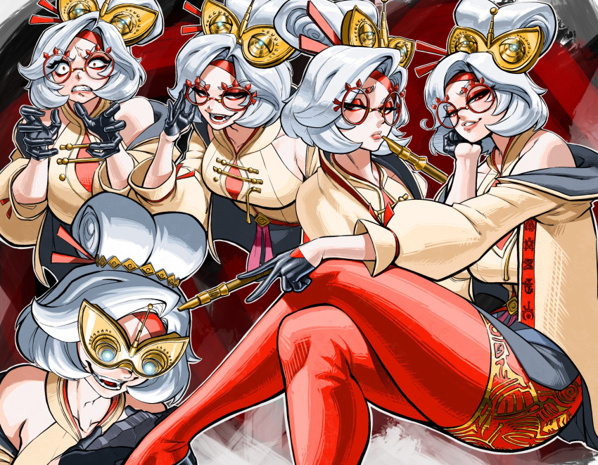 1girl black_gloves coat eyewear_on_head glasses gloves hair_ornament hair_stick highres jgeorgedrawz looking_at_viewer multiple_views off_shoulder open_mouth pantyhose purah red-framed_eyewear red_eyes red_pantyhose round_eyewear sheikah shirt the_legend_of_zelda the_legend_of_zelda:_tears_of_the_kingdom updo white_hair