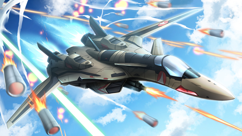 aircraft airplane canopy_(aircraft) clouds explosion fighter_jet firing highres jet laser macross macross_plus military_vehicle missile motion_blur no_humans sky thrusters troy_(oxaa01ex) variable_fighter vehicle_focus yf-19