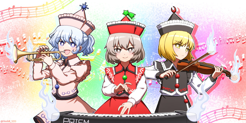 3girls beamed_eighth_notes beamed_sixteenth_notes black_headwear black_skirt black_vest blonde_hair blush brown_eyes brown_hair closed_mouth crescent crescent_hat_ornament eighth_note grey_hair hair_between_eyes hat hat_ornament highres holding holding_instrument hoshii_1213 instrument keyboard_(instrument) long_sleeves lunasa_prismriver lyrica_prismriver merlin_prismriver multiple_girls music musical_note open_mouth pink_headwear pink_skirt pink_vest playing_instrument quarter_note red_headwear red_skirt red_vest short_hair siblings sisters skirt smile star_(symbol) star_hat_ornament touhou trumpet twitter_username vest violet_eyes violin yellow_eyes