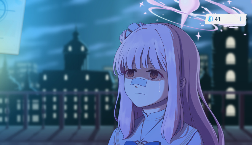 absurdres bandaid bandaid_on_face bandaid_on_nose blue_archive blurry blurry_background capelet cityscape closed_mouth crying crying_with_eyes_open dress empty_eyes english_commentary eniac_(artist) envelope frown gameplay_mechanics goslingposting hair_bun hair_ornament hair_scrunchie halo highres meme mika_(blue_archive) night outdoors pink_hair pyroxene_(blue_archive) railing ryan_gosling scrunchie shaded_face single_side_bun tears upper_body white_capelet white_dress