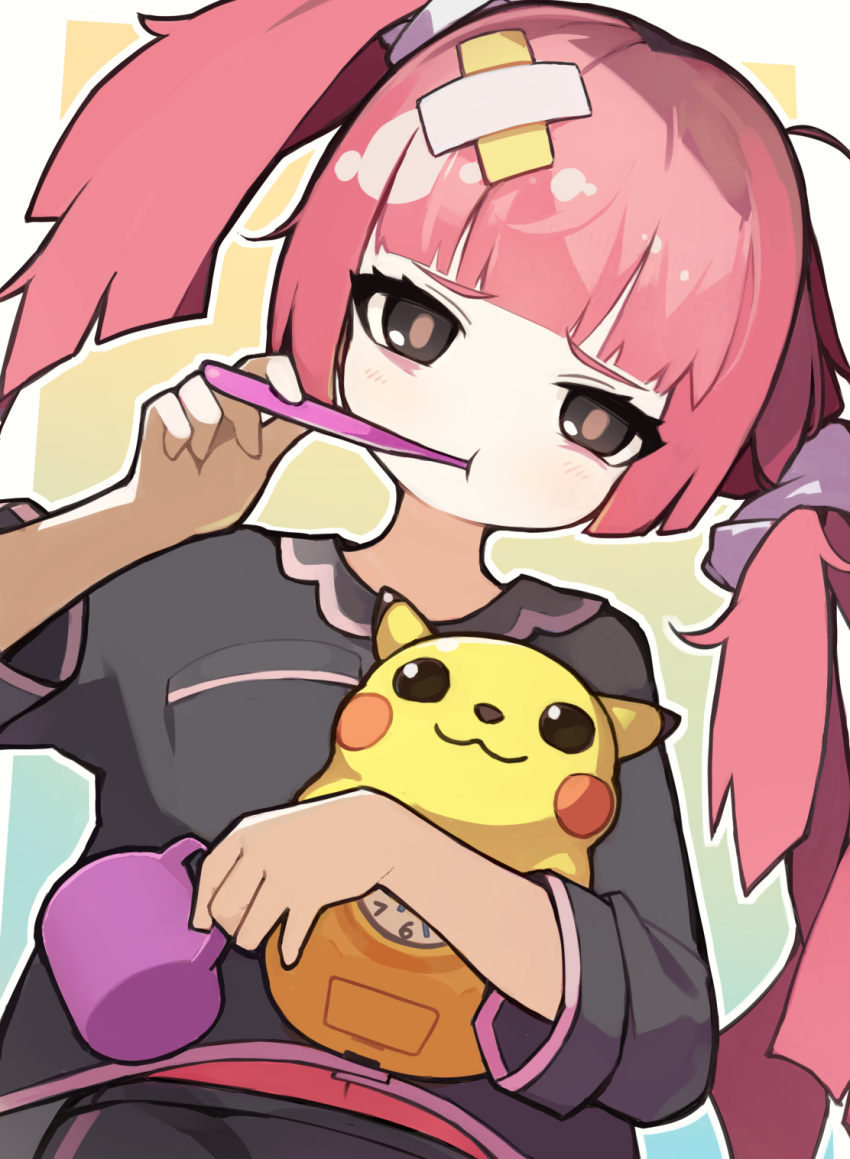 1girl :t blunt_bangs blush breast_pocket bright_pupils brown_eyes brushing_teeth commentary_request cup eyelashes hair_ornament highres holding holding_cup holding_toothbrush looking_at_viewer mug pikachu pink_hair pocket pokemon pokemon_(anime) pokemon_horizons sango_(pokemon) shirt suginakara_(user_ehfp8355) themed_object toothbrush twintails