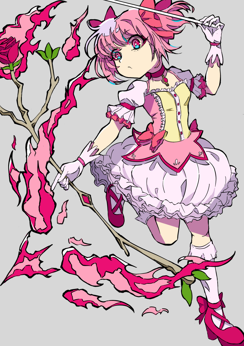 1girl absurdres arrow_(projectile) bow bow_(weapon) bubble_skirt eyelashes flower full_body gloves highres holding holding_arrow holding_bow_(weapon) holding_weapon kaname_madoka magical_girl mahou_shoujo_madoka_magica niumu pink_bow pink_flower pink_footwear pink_ribbon pink_rose pink_shirt ribbon rose shirt short_sleeves skirt socks solo weapon white_gloves white_socks
