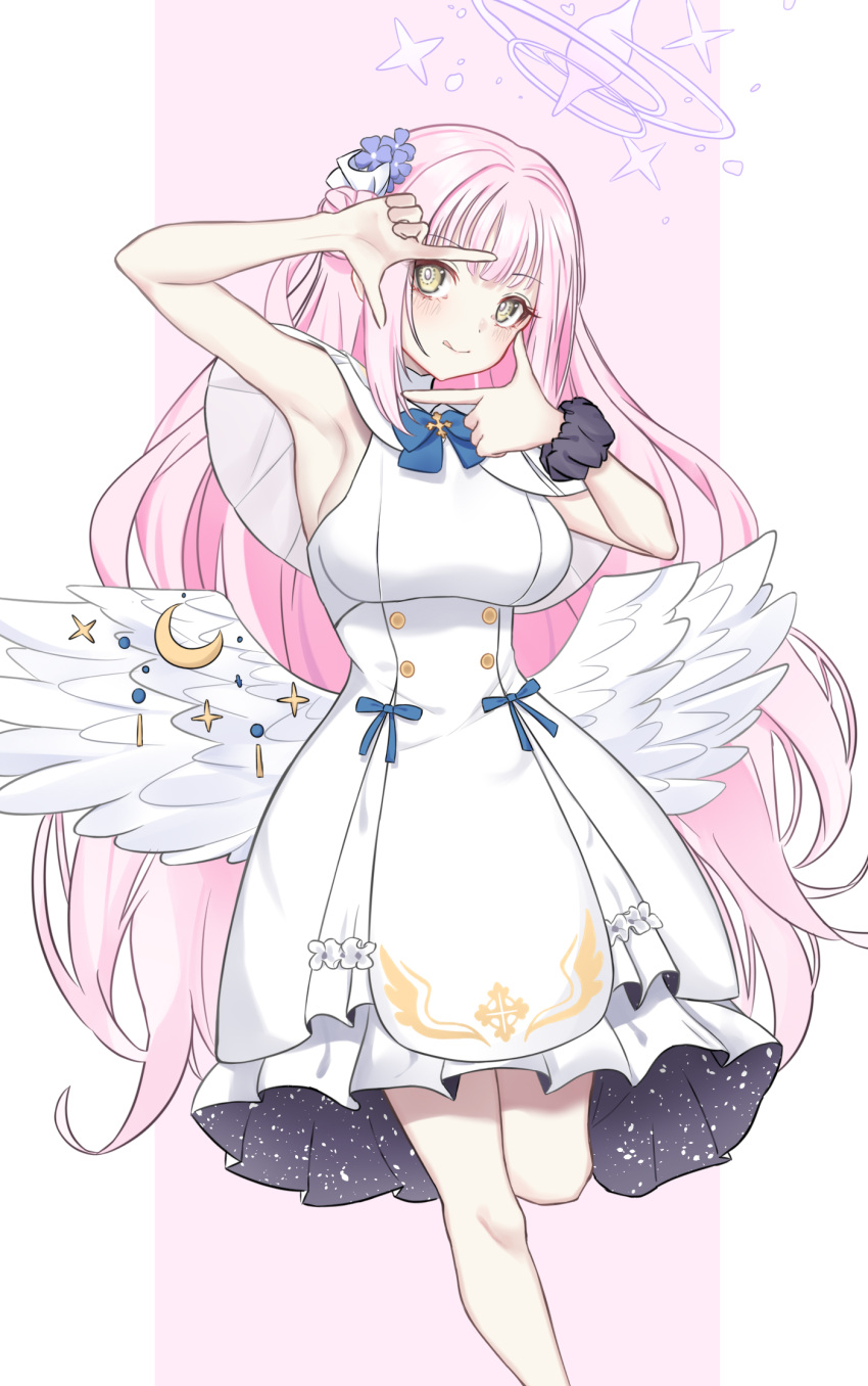 1girl armpits blue_archive blue_bow blue_bowtie blue_ribbon blush bow bowtie breasts capelet closed_mouth commentary dress feathered_wings finger_frame flower hair_bun hair_flower hair_ornament halo highres large_breasts long_hair low_wings mika_(blue_archive) pink_hair purple_halo ribbon scrunchie single_hair_bun sleeveless sleeveless_dress solo standing standing_on_one_leg tongue tongue_out very_long_hair white_capelet white_dress white_wings wings wrist_scrunchie yellow_eyes zuki_(user_mzpz5848)
