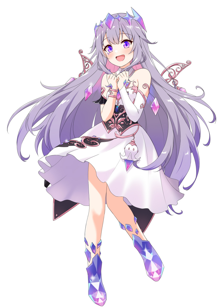 1girl absurdres blush bridal_gauntlets chest_jewel colored_inner_hair crown crystal detached_collar dress felutiahime gem gem_hair_ornament grey_hair hair_ornament highres hololive hololive_english jewel_under_eye jewelry koseki_bijou long_hair looking_at_viewer metal_wings multicolored_hair open_mouth pink_hair simple_background single_arm_guard single_bridal_gauntlet solo violet_eyes virtual_youtuber white_background white_bridal_gauntlets white_dress