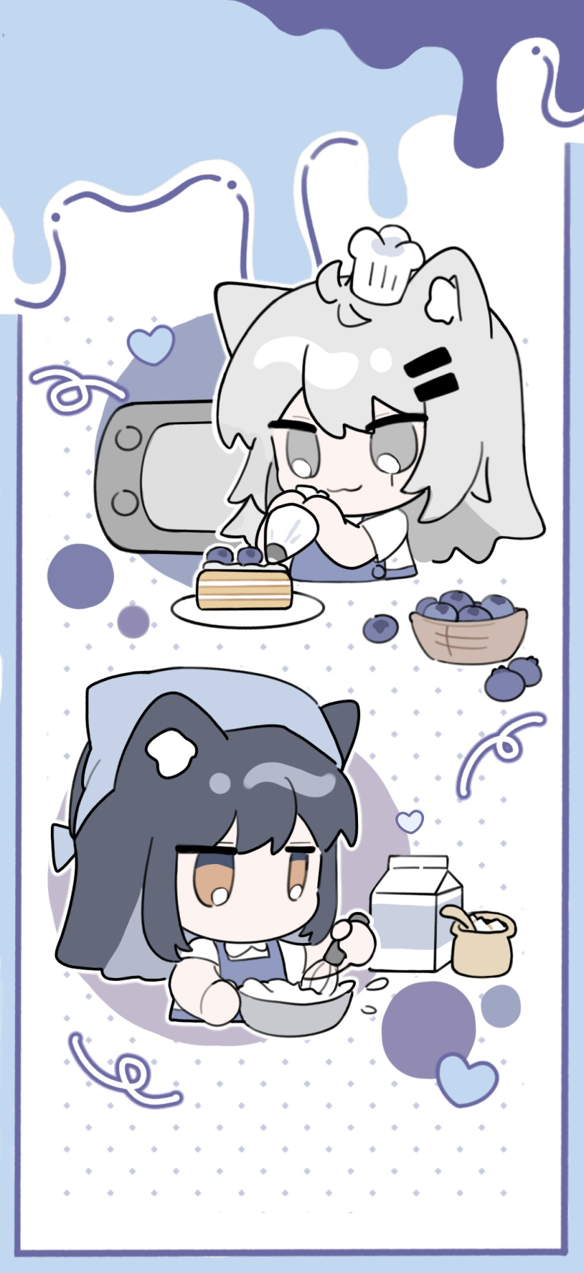 animal_ear_fluff animal_ears apron arknights black_hair blue_apron blueberry bowl brown_eyes cake chef_hat chibi closed_mouth collared_shirt commentary_request cropped_torso food fruit grey_eyes grey_hair hair_ornament hairclip hat heart highres holding lappland_(arknights) long_hair microwave pastry_bag shirt short_sleeves smile texas_(arknights) tilted_headwear upper_body whisk white_headwear white_shirt xijian