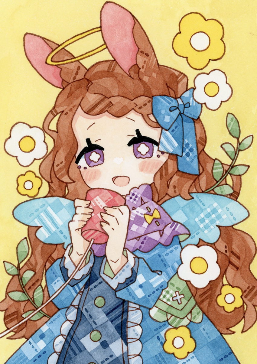 1girl absurdres angel angel_wings animal_ears blue_dress blue_ribbon blue_wings blush bright_pupils brown_hair buttons commentary_request dress flower flower-shaped_pupils frilled_dress frilled_scarf frills hair_ribbon halo highres holding long_hair long_sleeves looking_at_viewer lupin_strawberry open_mouth original painting_(medium) purple_scarf rabbit_ears ribbon scarf simple_background smile standing string_phone symbol-shaped_pupils traditional_media upper_body violet_eyes watercolor_(medium) wavy_hair white_flower white_pupils wings yellow_background yellow_flower