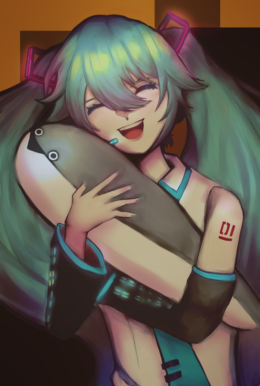 1girl :d black_sleeves blue_hair blue_necktie closed_eyes commentary_request detached_sleeves fish hair_between_eyes hair_ornament hatsune_miku highres long_bangs long_hair necktie open_mouth sacabambaspis shirt sleeveless sleeveless_shirt smile solo teeth tie_clip twintails upper_body upper_teeth_only very_long_hair vocaloid watanabe_mary white_shirt
