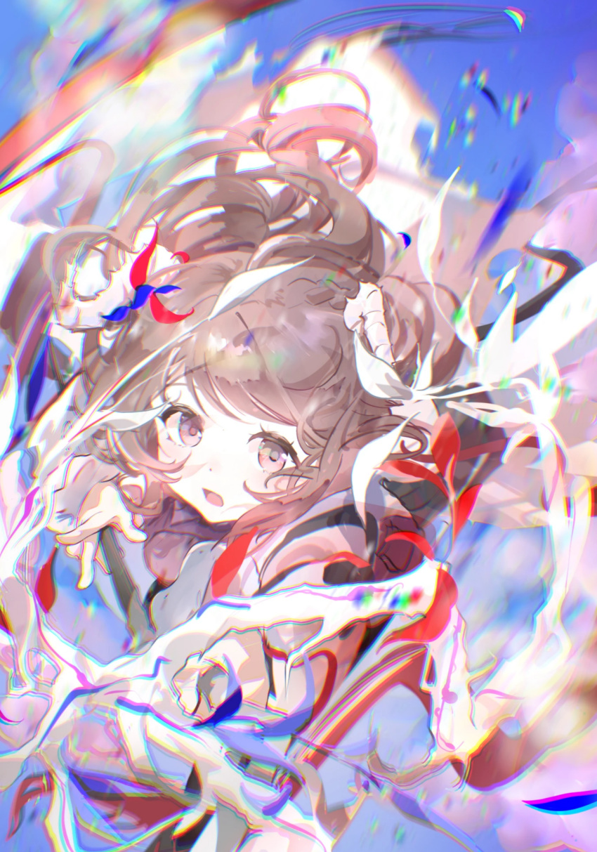 1girl arknights blurry blurry_background brown_eyes brown_hair chromatic_aberration commentary_request depth_of_field eyjafjalla_(arknights) highres horns long_hair long_sleeves looking_at_viewer open_mouth sheep_horns sleeves_past_wrists solo youyou72364