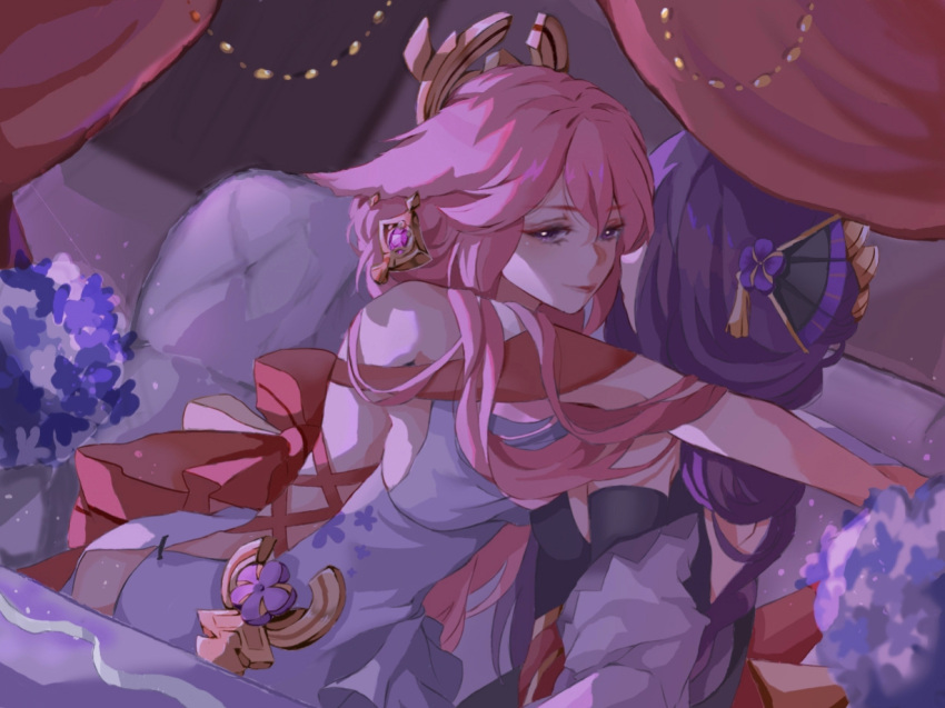 2girls animal_ears bed bedroom bow curtains dark_room earrings face-to-face faceless faceless_female flower from_side genshin_impact hair_between_eyes hair_ornament hug japanese_clothes jewelry long_hair looking_at_viewer looking_to_the_side multiple_girls on_bed pendant pillow pink_hair purple_flower purple_hair raiden_shogun red_bow violet_eyes xinjinjumin7186700 yae_miko yuri