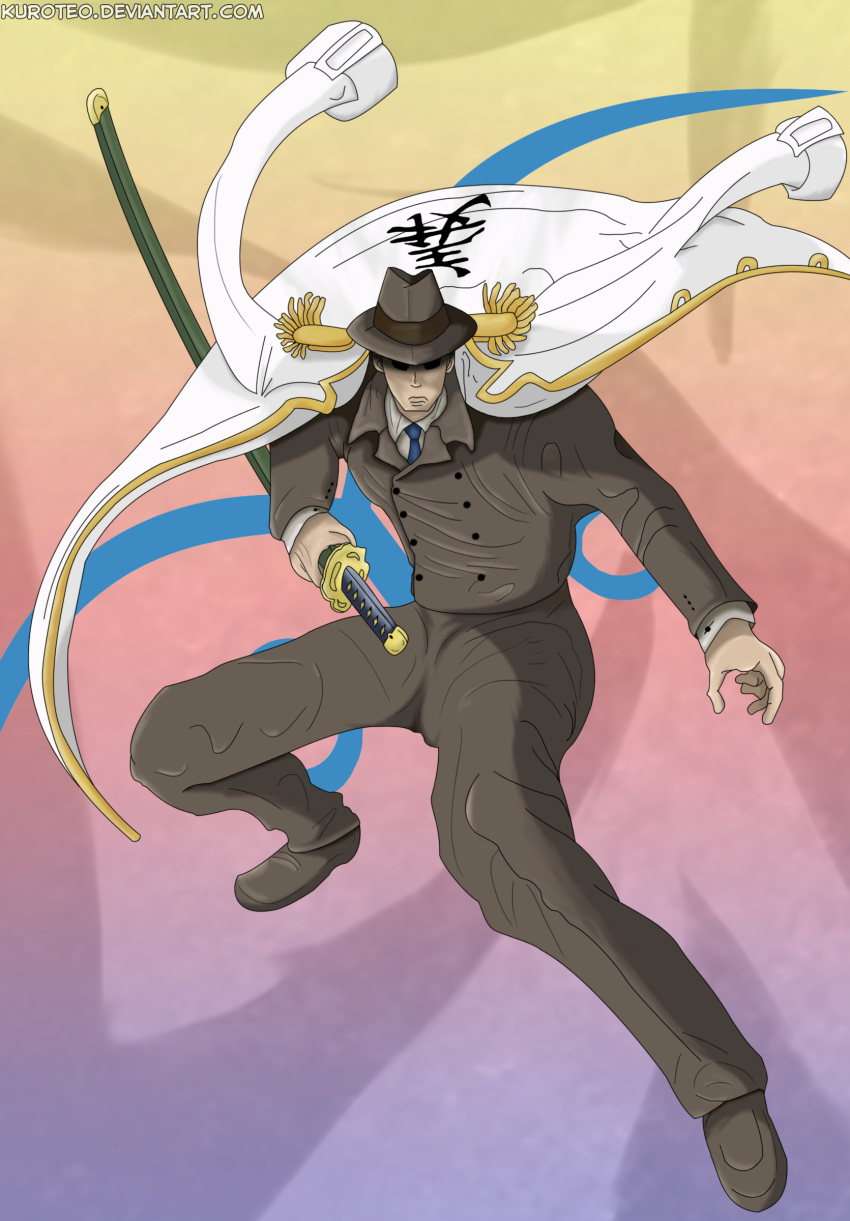 1boy absurdres artist_name blue_necktie bogard_(one_piece) brown_headwear closed_mouth coat coat_on_shoulders covered_eyes epaulettes formal full_body hat hat_over_eyes highres holding holding_sword holding_weapon kuroteo male_focus military_uniform necktie one_piece solo suit sword uniform weapon web_address