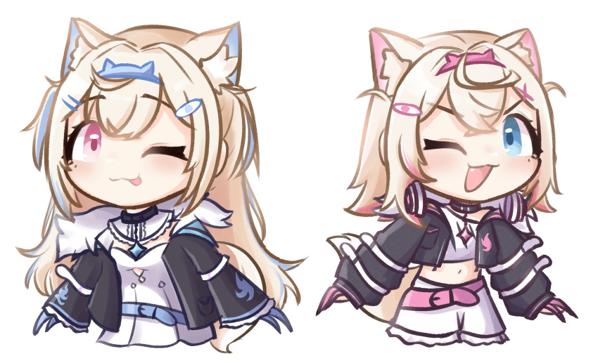 2girls ;d ;p animal_ear_fluff animal_ears bandaid_hair_ornament black_jacket blonde_hair blue_eyes blue_hair blue_hairband blush chibi cropped_jacket cropped_shirt crossed_bangs dog_ears dog_girl dog_tail double-parted_bangs dress fake_horns fur-trimmed_jacket fur_trim fuwawa_abyssgard hair_between_eyes hair_ornament hairband hairclip highres hololive hololive_english horns jacket long_hair long_sleeves mococo_abyssgard moon_ldl multicolored_hair multiple_girls one_eye_closed open_mouth pink_eyes pink_hair pink_hairband shirt short_hair short_shorts shorts siblings simple_background sisters smile streaked_hair tail tongue tongue_out twins two_side_up virtual_youtuber white_background white_dress white_shirt white_shorts