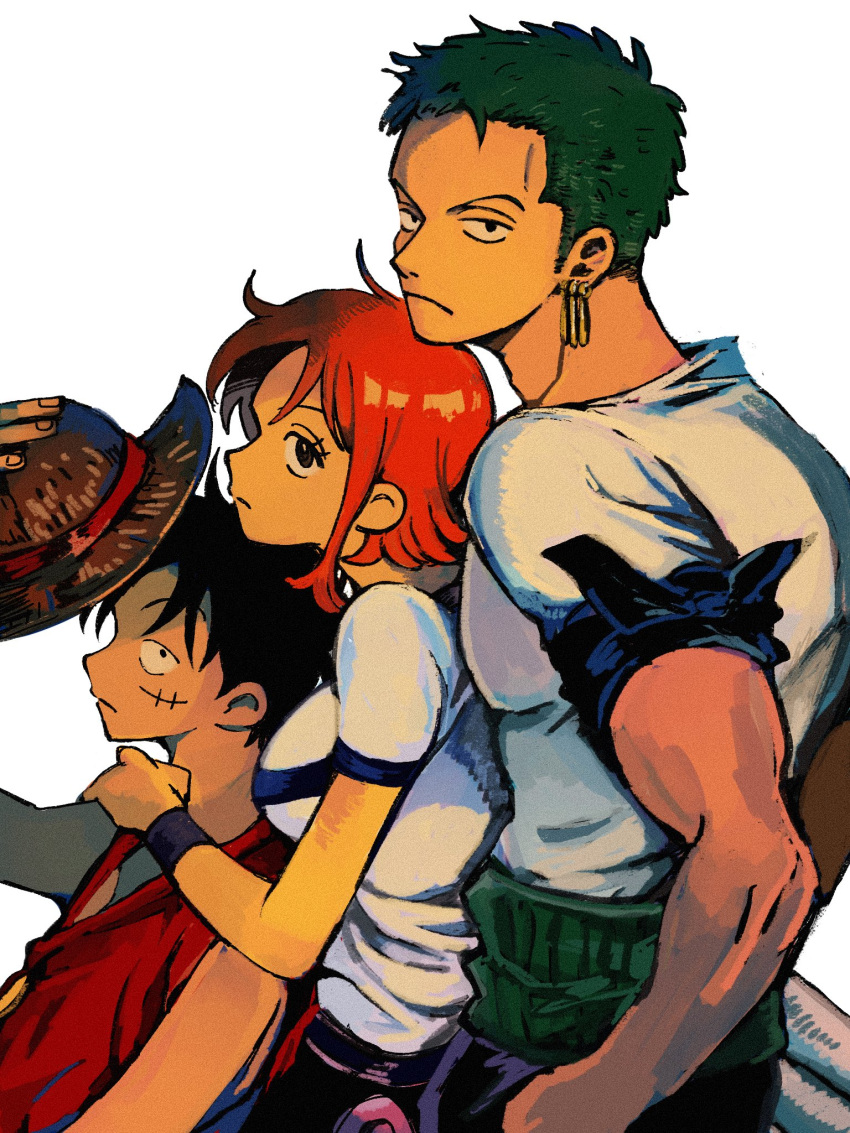 1girl 2boys bandana_around_arm bare_shoulders black_hair breasts closed_mouth commentary earrings from_side green_hair hat headwear_removed height_difference highres holding holding_clothes holding_hat jewelry makenevemoiine medium_breasts monkey_d._luffy multiple_boys nami_(one_piece) one_piece orange_hair red_vest roronoa_zoro scar scar_on_cheek scar_on_face shirt short_hair short_sleeves single_sidelock straw_hat straw_hat_pirates symbol-only_commentary upper_body vest white_background white_shirt