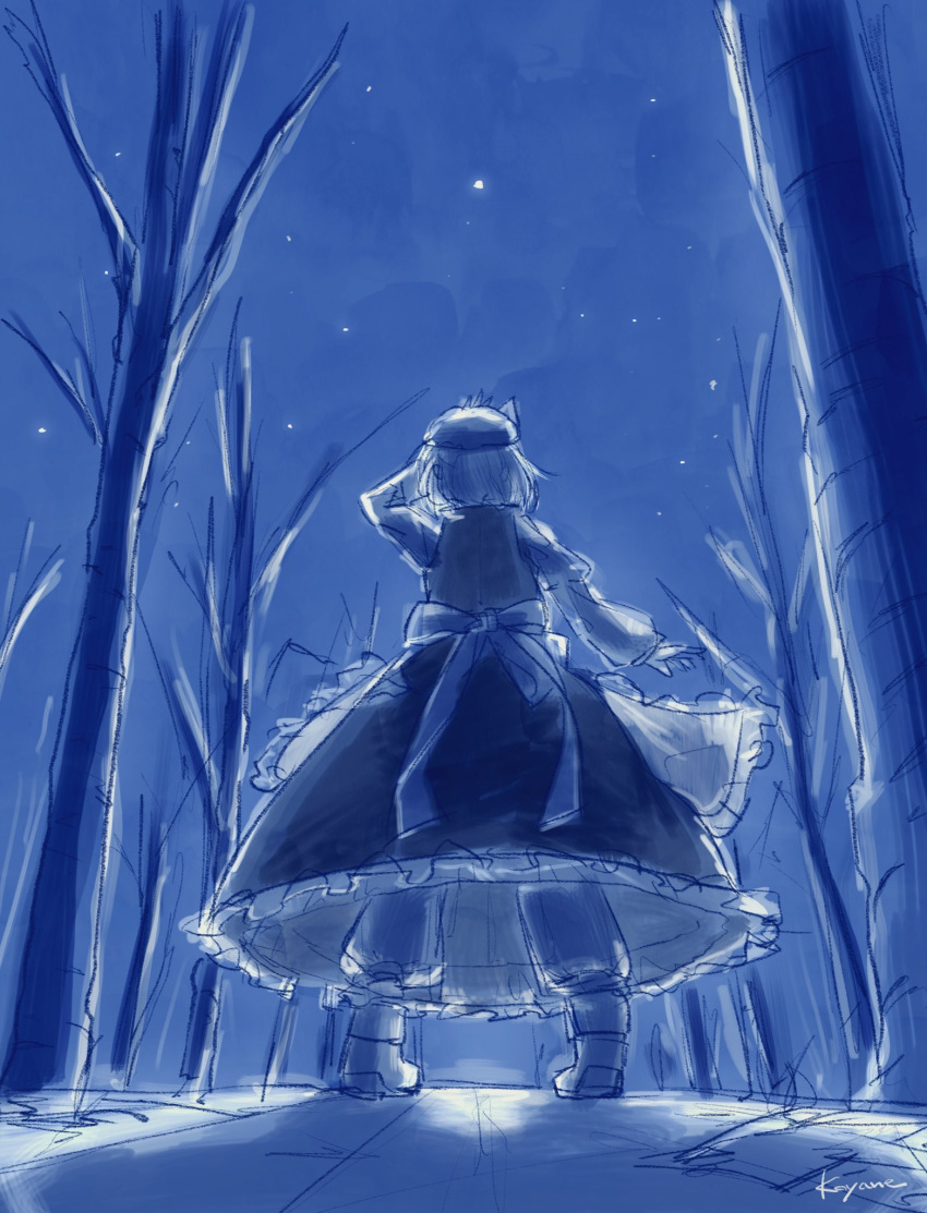 1girl bare_tree blue_sky forest highres koyane_(silver81106) letty_whiterock looking_afar looking_back moonlight nature night night_sky shadow sky solo star_(sky) starry_sky touhou tree