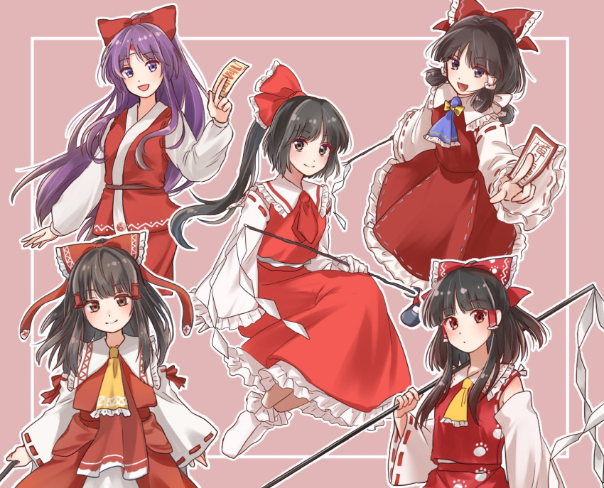 :d ascot bare_shoulders black_eyes black_hair blue_ascot bobby_socks bow closed_mouth commentary_request detached_sleeves embodiment_of_scarlet_devil frilled_ascot frilled_hair_tubes frilled_sleeves frills full_body gohei hair_bow hair_tubes hakurei_reimu happy headband highly_responsive_to_prayers holding holding_gohei japanese_flag_print long_hair long_sleeves medium_hair multiple_persona ofuda paw_print ponytail purple_hair red_bow red_skirt red_vest reimu_tyuki ribbon-trimmed_sleeves ribbon_trim short_hair sidelocks skirt skirt_set smile socks subterranean_animism touhou touhou_(pc-98) touhou_sangetsusei unfinished_dream_of_all_living_ghost upper_body vest violet_eyes white_sleeves white_socks wily_beast_and_weakest_creature yellow_ascot yellow_bow