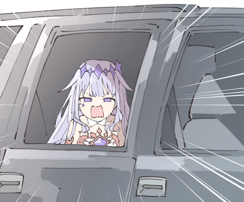 1girl breaking_bad commentary crown crystal detached_collar dress gem gem_hair_ornament gem_on_chest grey_hair highres hololive hololive_english jewel_under_eye koseki_bijou kukie-nyan long_hair looking_at_viewer meme open_mouth purple_gemstone solo symbol-only_commentary violet_eyes virtual_youtuber walter_white_screaming_in_car_(meme) white_dress