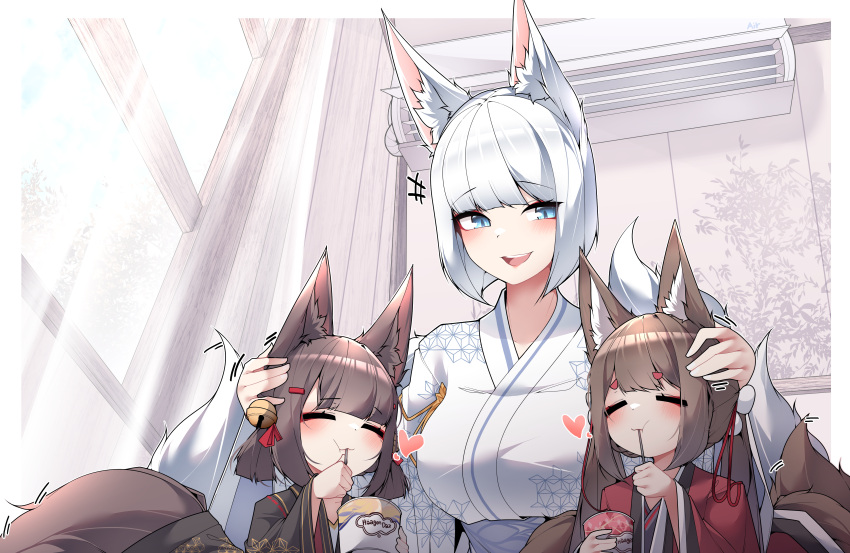 3girls :d absurdres akagi-chan_(azur_lane) amagi-chan_(azur_lane) animal_ears azur_lane bell black_kimono blue_eyes breasts brown_hair closed_eyes day eating eyeshadow facing_viewer floral_print food fox_ears fox_girl fox_tail hair_bell hair_ornament hand_on_another's_head head_rub headpat highres hug ice_cream indoors japanese_clothes kaga_(azur_lane) kimono kitsune large_breasts long_hair looking_at_another makeup medium_breasts medium_hair multiple_girls multiple_tails red_eyeshadow red_kimono samip slit_pupils smile tail twintails upper_body white_hair white_kimono