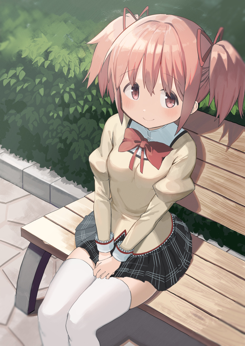 1girl absurdres black_skirt blush breasts closed_mouth cocoa_(ultra_mdk) commentary hair_ribbon high_collar highres juliet_sleeves kaname_madoka long_sleeves mahou_shoujo_madoka_magica mitakihara_school_uniform pink_eyes pink_hair plaid plaid_skirt pleated_skirt puffy_sleeves red_ribbon ribbon school_uniform short_hair short_twintails sitting_on_bench skirt small_breasts smile solo thigh-highs twintails white_thighhighs zettai_ryouiki