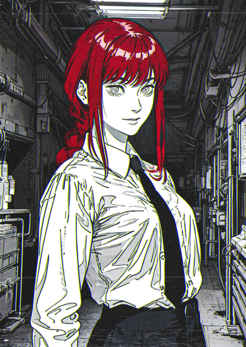 1girl black_necktie braid braided_ponytail cable chainsaw_man collared_shirt greyscale highres industrial looking_at_viewer makima_(chainsaw_man) medium_hair monochrome necktie redhead ringed_eyes scanlines shirt shirt_tucked_in sidelocks solo spot_color white_shirt xenotrip
