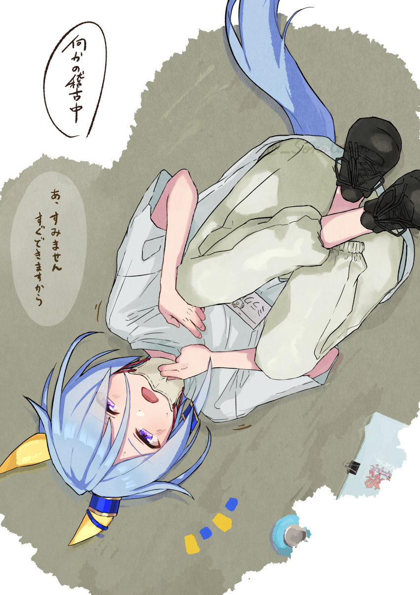 1girl absurdres animal_ears black_footwear blue_hair bulldog_clip commentary_request crossed_legs ear_covers ear_ornament highres horse_ears horse_girl horse_tail izu_lemon jumpsuit k.s.miracle_(umamusume) knees_up mask mouth_mask notice_lines on_ground open_mouth short_hair short_sleeves solo tail translation_request umamusume violet_eyes