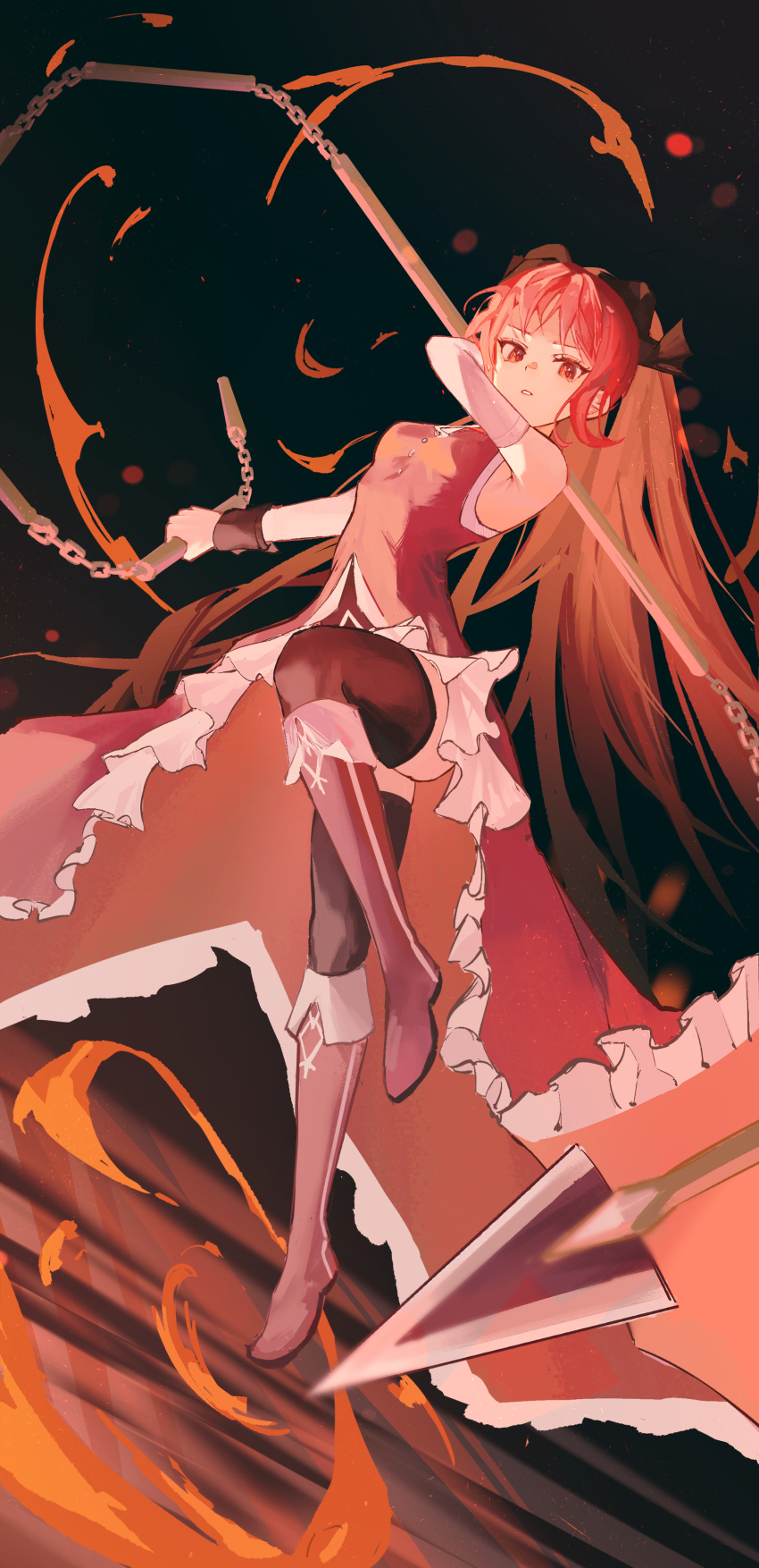 1girl absurdres black_background boots bow detached_sleeves dress fire frilled_dress frills hair_bow highres holding holding_weapon incoming_attack knee_boots long_hair looking_at_viewer magical_girl mahou_shoujo_madoka_magica parted_lips polearm ponytail red_dress red_eyes red_footwear redhead sakura_kyouko thigh-highs weapon wrist_cuffs xianluojimaomao2333