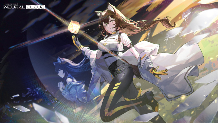 1girl absurdres animal_ears artist_request black_footwear black_pants blush breasts brown_hair check_artist coat commentary english_commentary girls'_frontline_neural_cloud girls_frontline gloves grey_eyes hand_up highres lab_coat large_breasts long_hair long_sleeves looking_at_viewer multiple_views open_clothes open_coat pants parted_lips solo thighs turing_(neural_cloud) white_coat wu_lun_wujin yellow_gloves