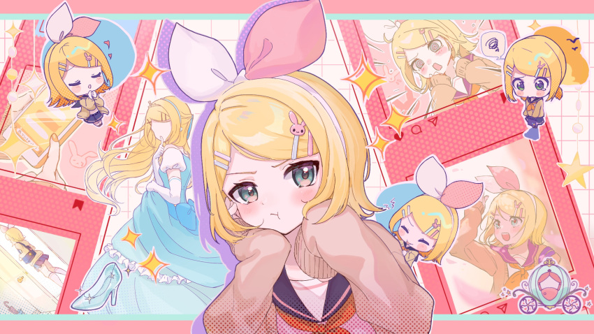 1girl @_@ angry blonde_hair blue_eyes blush border cardigan carriage cellphone chibi commentary_request dress flustered green_eyes hair_ribbon hairband heart high_heels highres holding holding_phone kagamine_rin kanato_1227 long_hair looking_at_viewer multiple_hairpins outline paneled_background phone pink_border pout ribbon school_uniform short_hair skirt sparkle star_(symbol) tiara tsundere vocaloid white_outline