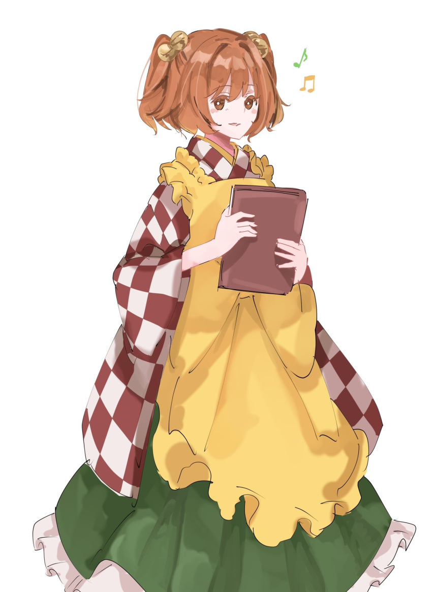 1girl ascot book commentary feet_out_of_frame frilled_skirt frills green_skirt hair_between_eyes hakama hakama_skirt highres holding holding_book japanese_clothes kimono long_sleeves looking_at_viewer motoori_kosuzu musical_note orange_eyes orange_hair parted_lips simple_background skirt solo standing tohoyuukarin touhou two_side_up white_background yellow_ascot